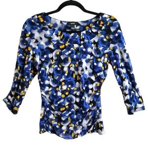 ALFANI Blue‎ Abstract Floral Print 3/4 Sleeve Tunic Blouse Sz L Pleated Neckline